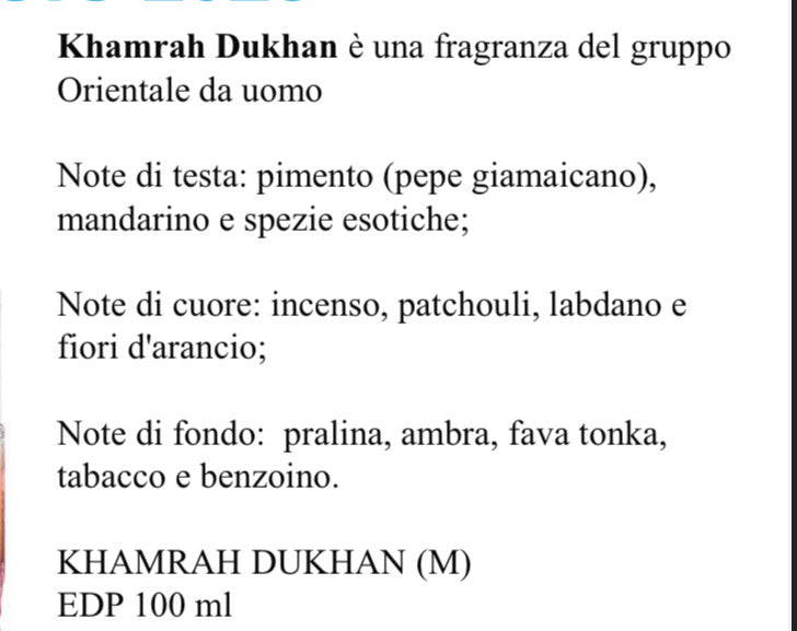Khamrah Dukhan è una fragranza del gruppo Orientale da uomo