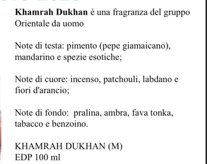 Khamrah Dukhan è una fragranza del gruppo Orientale da uomo