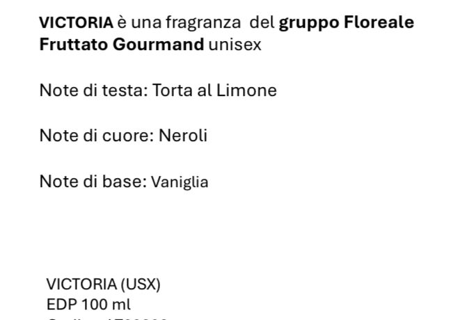 VICTORIA Fragranza Floreale Fruttato Gourmand Unisex EDP 100 ml con Note di Torta al Limone Neroli e Vaniglia